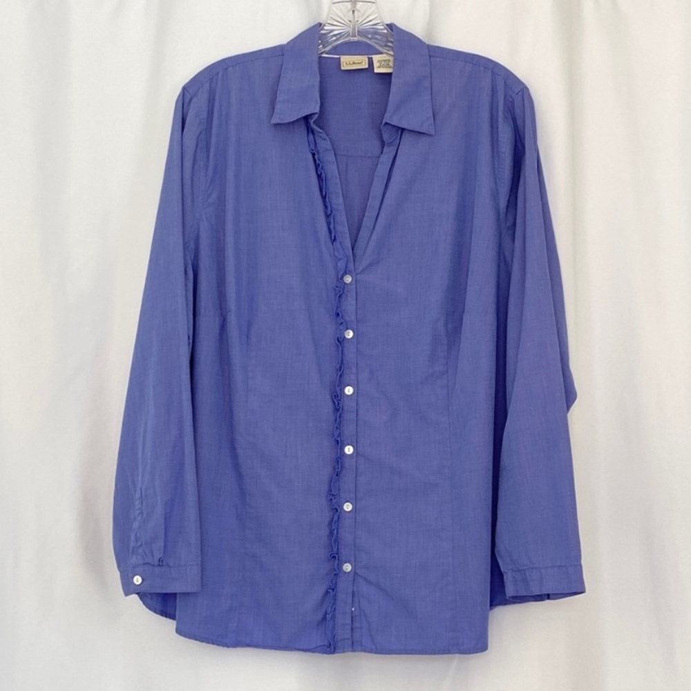 L.L. Bean Ruffle Front V-neck Button Down Shirt Blouse Top Blue Sz 1X